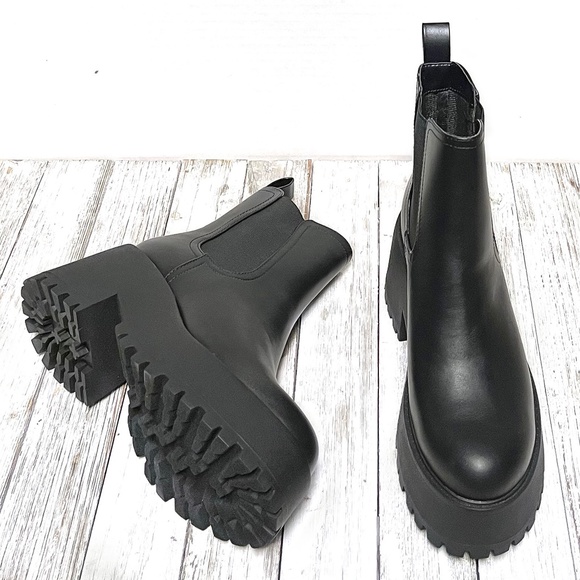 New Black Chelsea Lug Platform Ankle Boots Booties - Picture 6 of 6